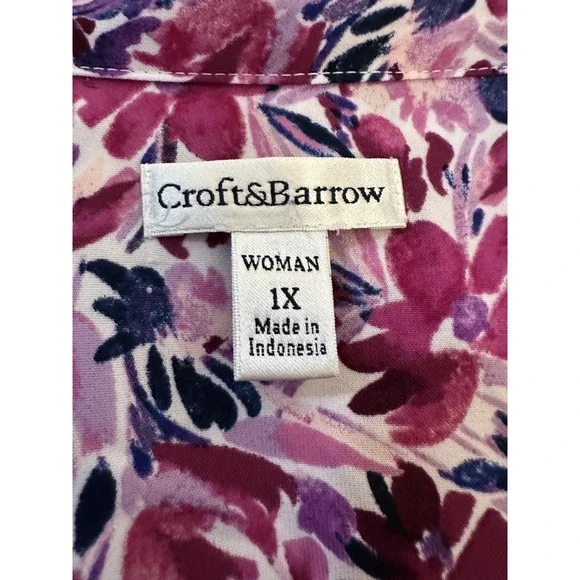 Craftt & Barrow Womans Floral Button Up Top Size 1X Short Sleeve Purple Office - Picture 2 of 12